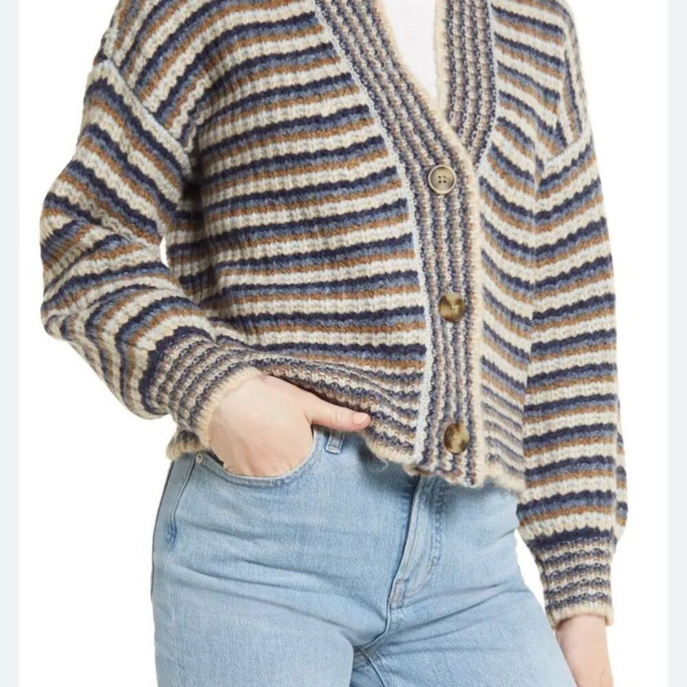 Madewell Waller Cardigan Sweater Women’s Small Striped Wool Cropped Cream Blue - Picture 1 of 9